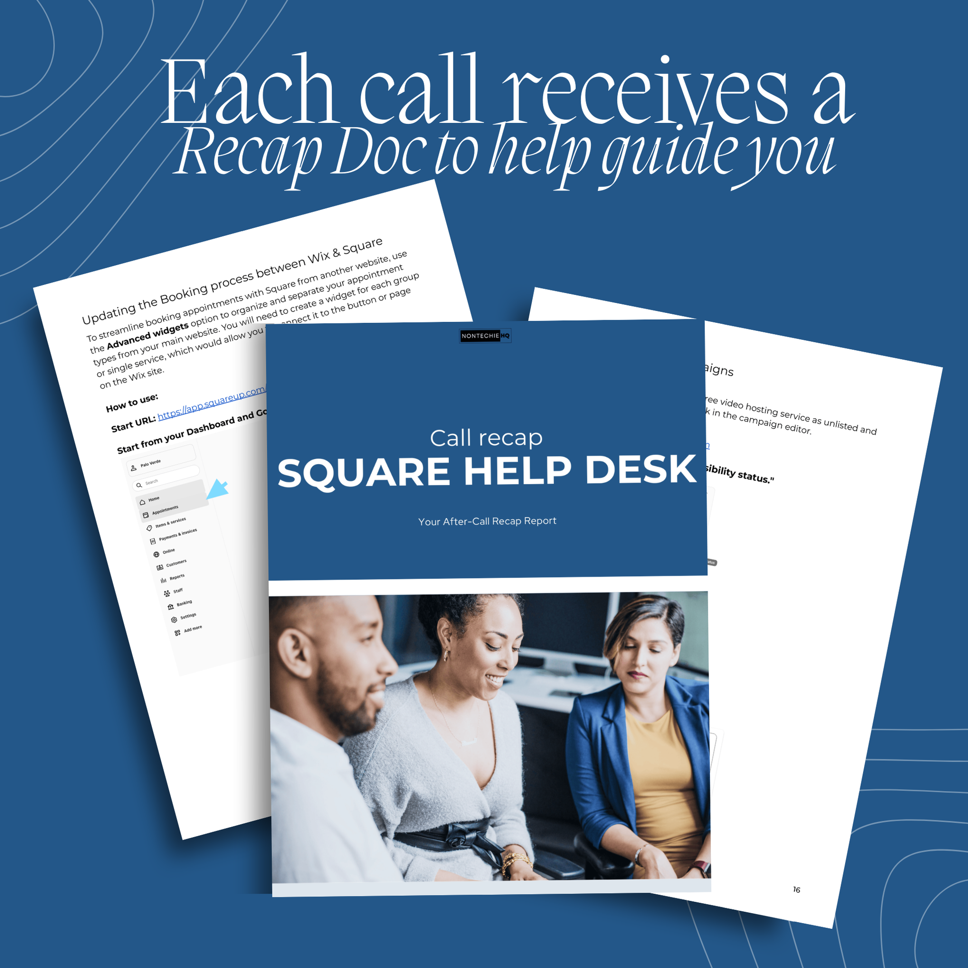 Square Help Desk call recap document with a blue background